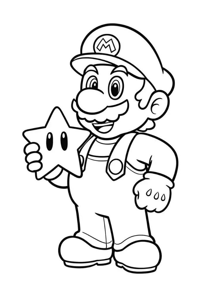 Ilustração do Mario sorrindo, segurando uma Super Estrela do jogo Super Mario Bros em traços pretos prontos para colorir.