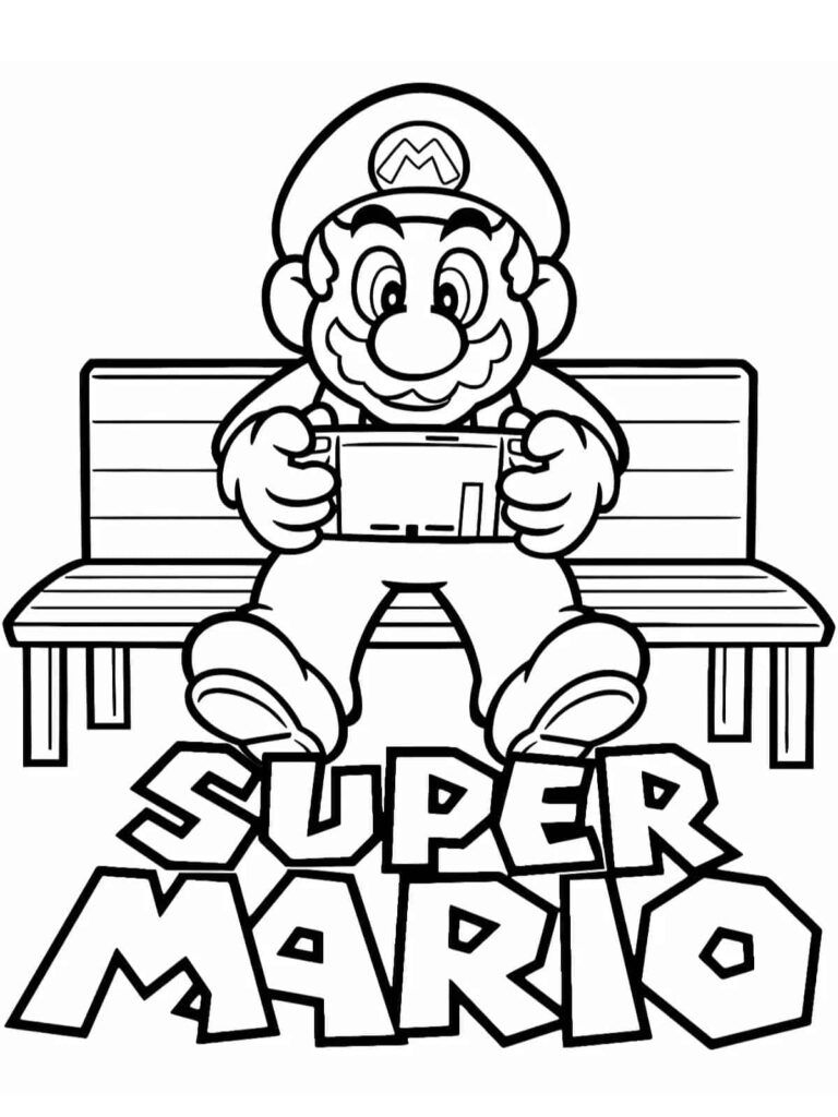 Desenho do Mario sentado em um banco de praça jogando um videogame portátil, com o logo Super Mario abaixo.