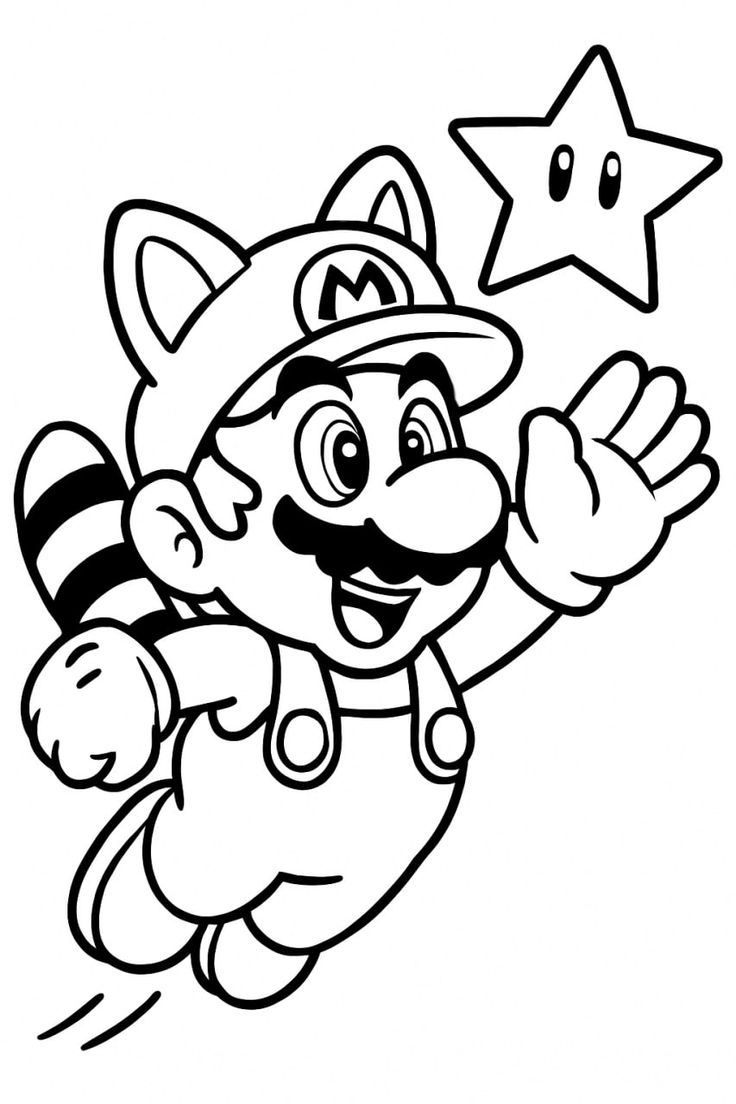Desenho do Mario em sua forma Tanooki, com orelhas e cauda de guaxinim, acenando alegremente próximo a uma estrela mágica.