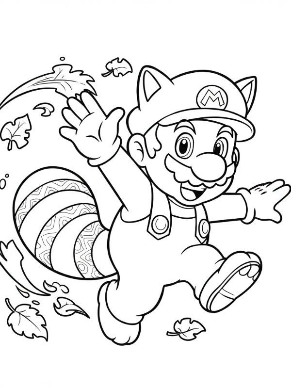 Desenho para colorir do Mario vestindo o traje Tanooki com orelhas de guaxinim e cauda, dando um tchau enquanto folhas caem ao seu redor.