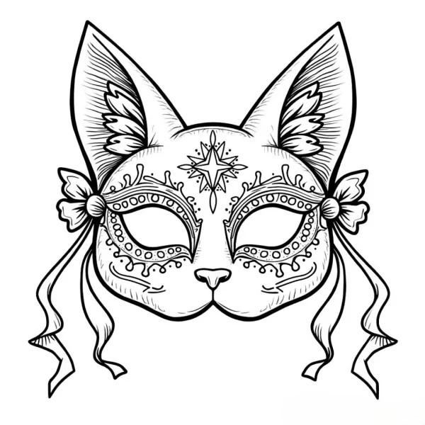 Desenho de máscara de carnaval felina com estrela, fitas e grafismos para colorir e imprimir.
