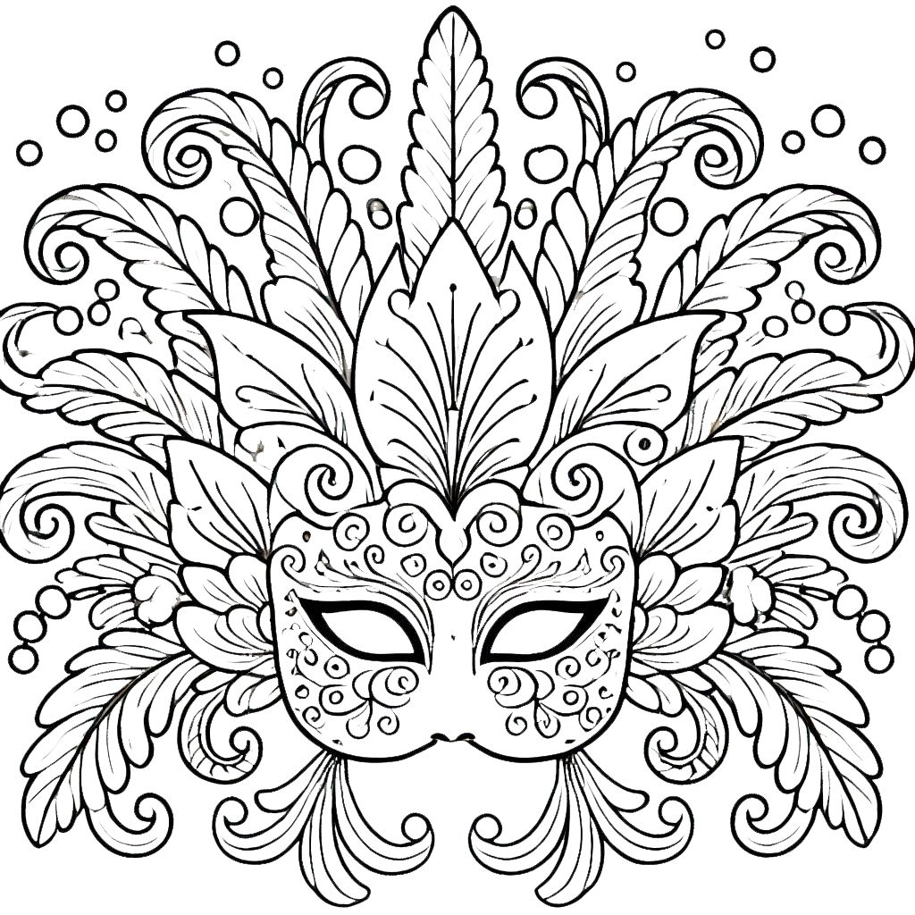 Desenho de uma máscara de Carnaval com detalhes avançados, cheia de plumas e brilhos, para imprimir, colorir e pintar.