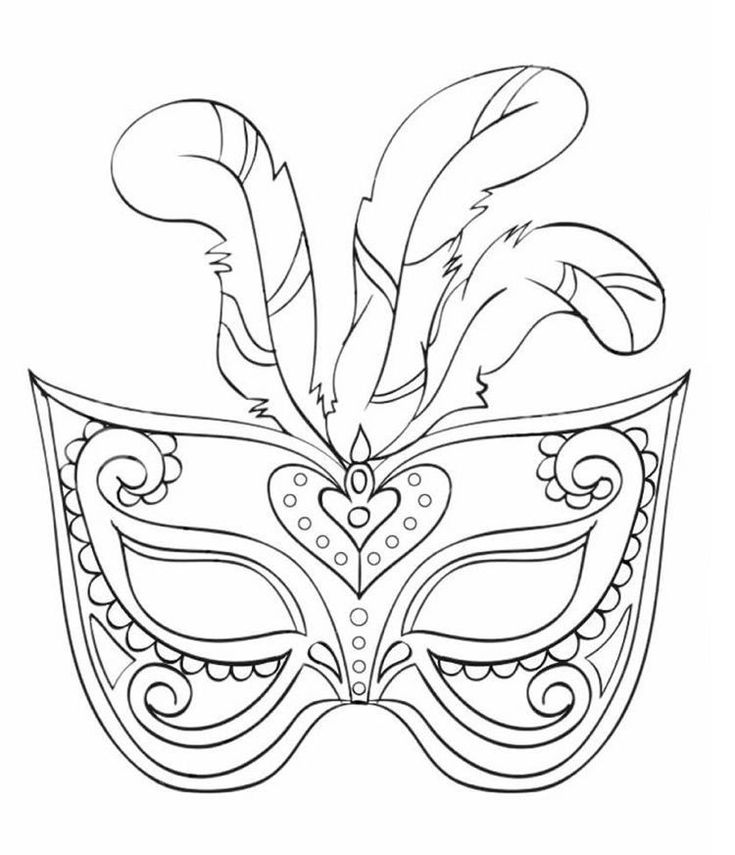 Desenho para imprimir e pintar de uma máscara de carnaval com plumas e cheia de detalhes.