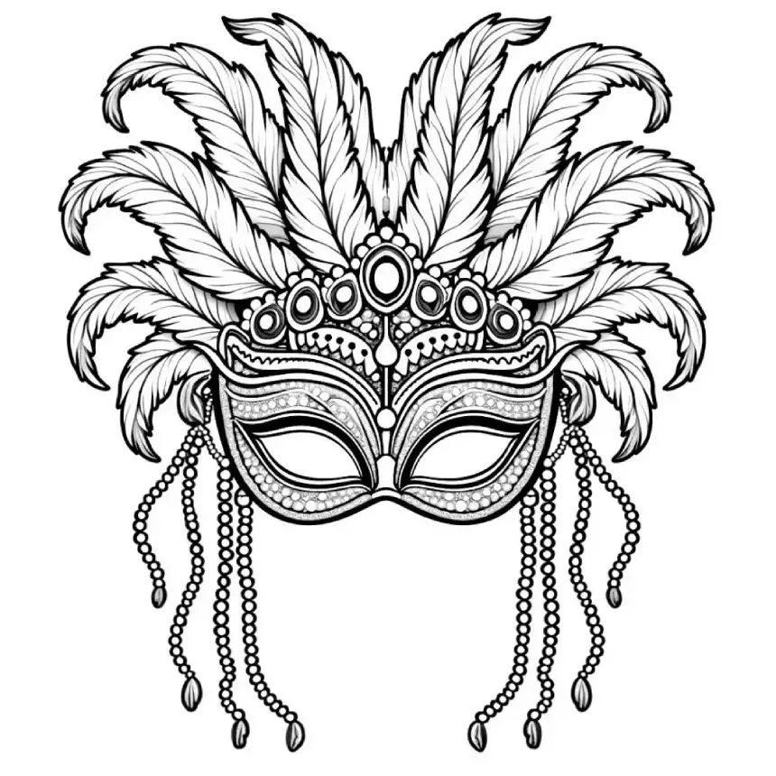 Máscara realista e detalhada de carnaval adornada com penas, joias e correntes de contas para colorir.