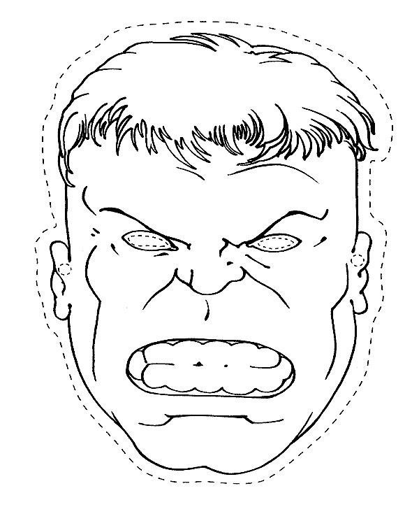 Desenho da máscara do Hulk com rosto musculoso e expressão de raiva para colorir, recortar e pintar.