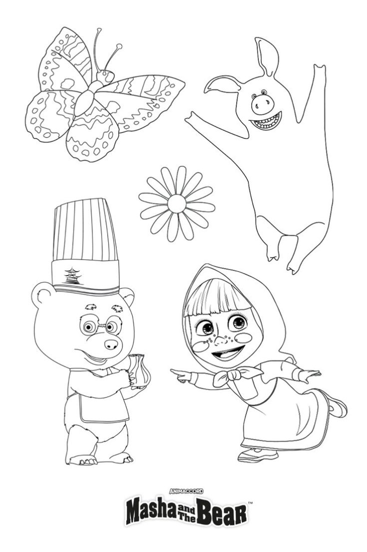 Desenho da Masha e o Urso chef com borboleta, flor e porco para colorir e imprimir.