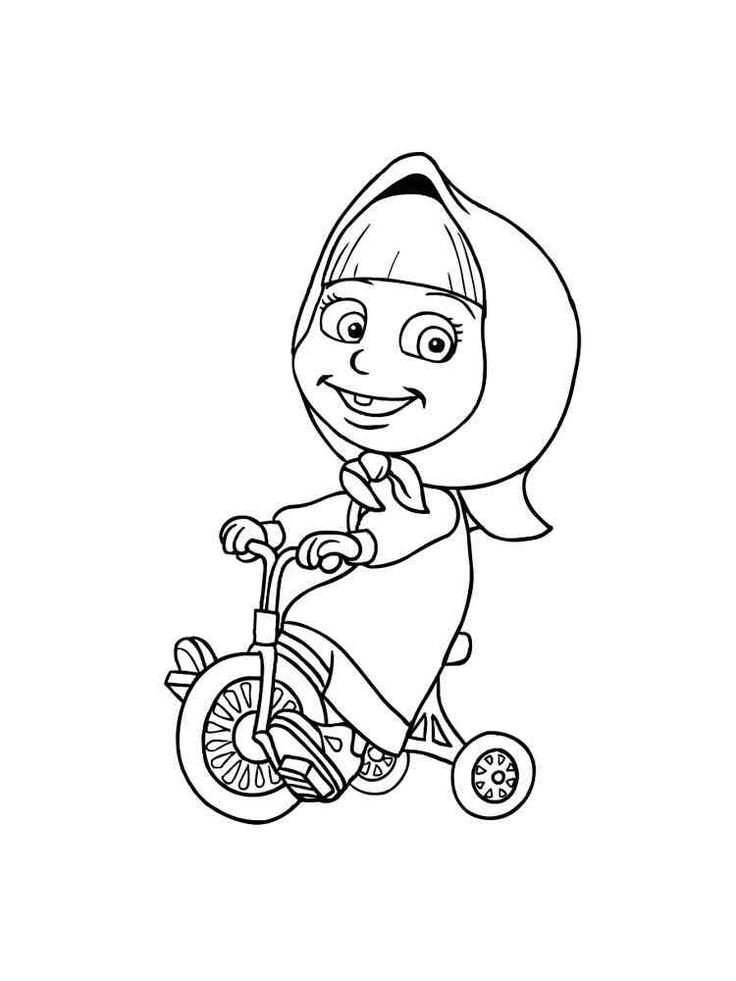 Desenho da Masha e o Urso andando de triciclo para colorir. A personagem Masha com seu triciclo, pronta para imprimir e pintar.
