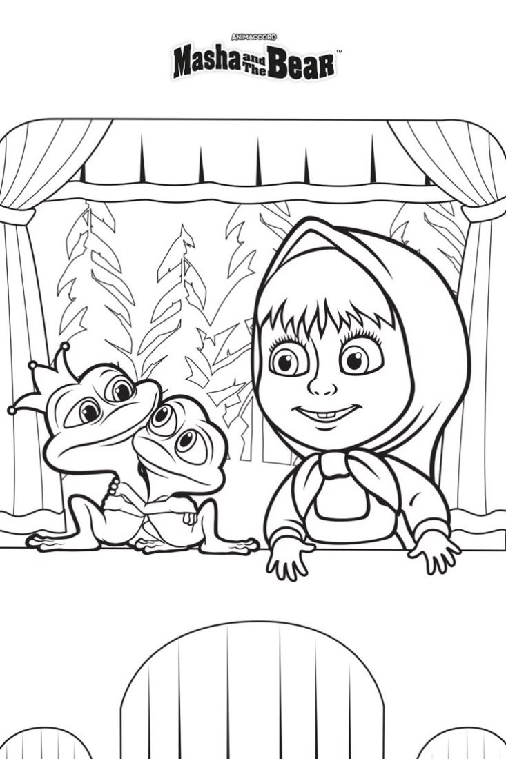 Desenho da Masha e os sapos abraçados em um cenário de natureza para colorir e imprimir.