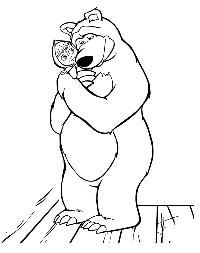 Desenho de Masha e o Urso se abraçando em um momento de carinho e amizade para imprimir e colorir.