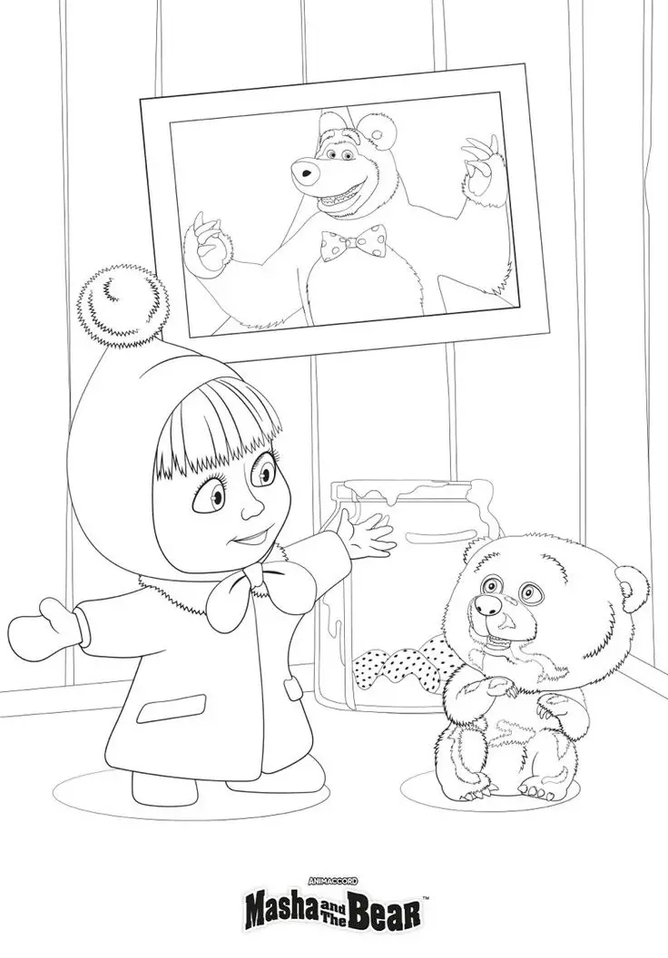 Desenho da Masha e o Urso com um ursinho de pelúcia pequeno e a foto do urso grande na parede para colorir e imprimir.