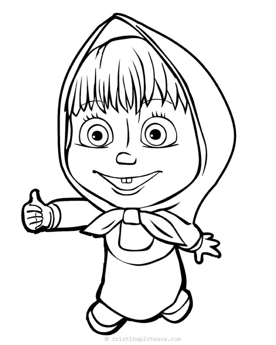 Desenho para colorir da Masha do desenho Masha e o Urso vestida com macacão, lenço no pescoço e capuz.