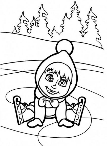 Desenho da Masha patinando no gelo, vestindo roupas de inverno e gorro com pompom, com árvores de pinheiro ao fundo para colorir.