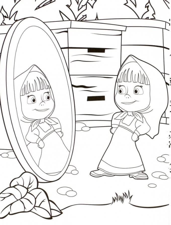 Desenho da Masha se admirando no espelho, com colmeia ao fundo e folhagens, pronto para imprimir e colorir.