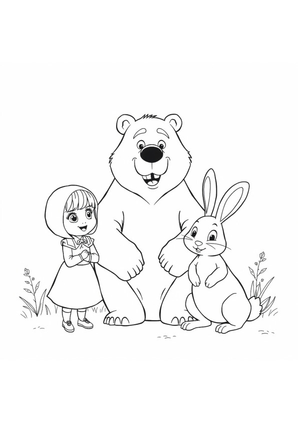 Desenho da Masha e o Urso com um coelho sorridente na floresta para colorir e imprimir.