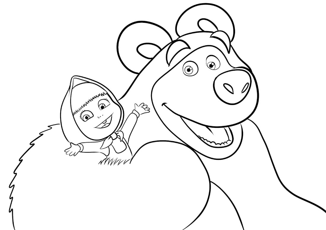 Desenho da Masha e o Urso em estilo cartoon com traços pretos e grossos para colorir.