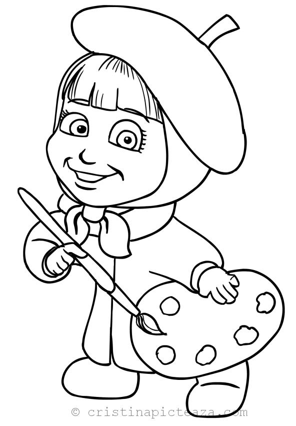 Desenho da Masha vestida como pintora, segurando pincel e paleta de tintas, pronta para colorir e imprimir.