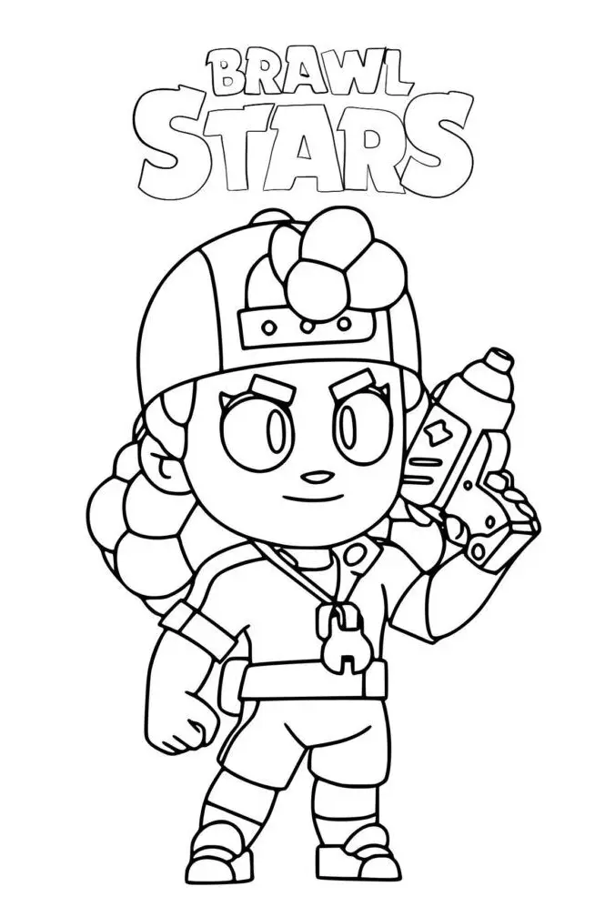 Desenho da personagem Meg de Brawl Stars segurando sua arma, usando boné e uniforme de heroína, em traços de contorno para colorir.