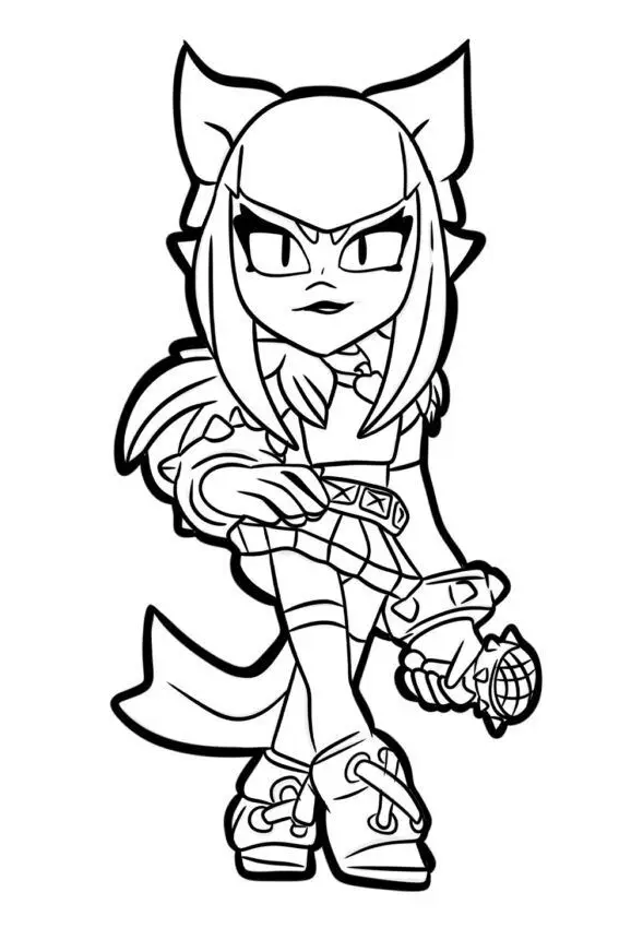 Desenho da personagem Mel de Brawl Stars com seu microfone, estilo rockstar e visual de gatinha para imprimir e colorir.
