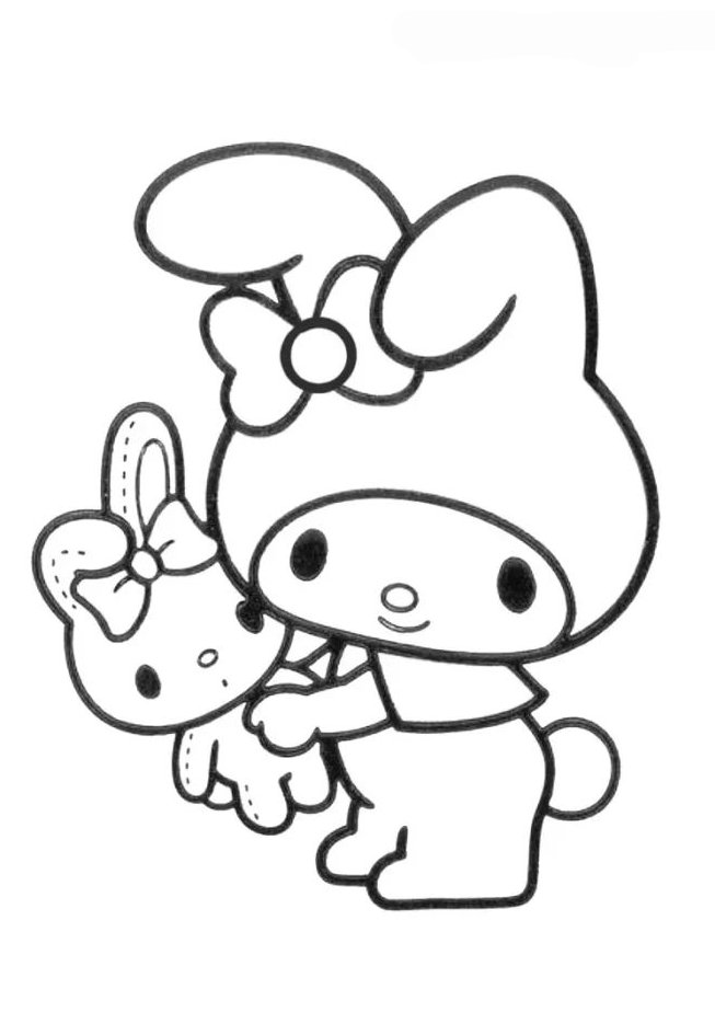 Desenho da Melody segurando sua boneca coelhinha, ambas com laços, para colorir e celebrar a amizade.