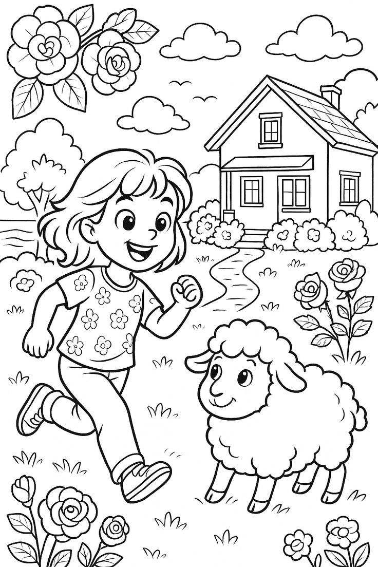 Menina sorridente de cabelos curtos correndo pelo jardim com uma ovelhinha ao lado, tendo uma casa ao fundo e muitas flores de rosa.
