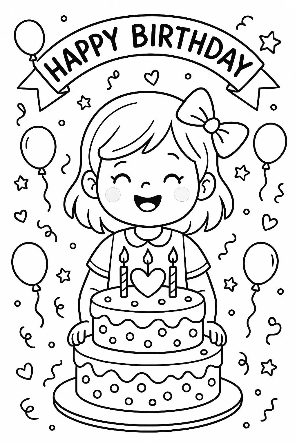 Menina sorridente segurando um bolo de aniversário de dois andares com velas em formato de coração, cercada por balões e estrelas, estilo desenho para colorir.