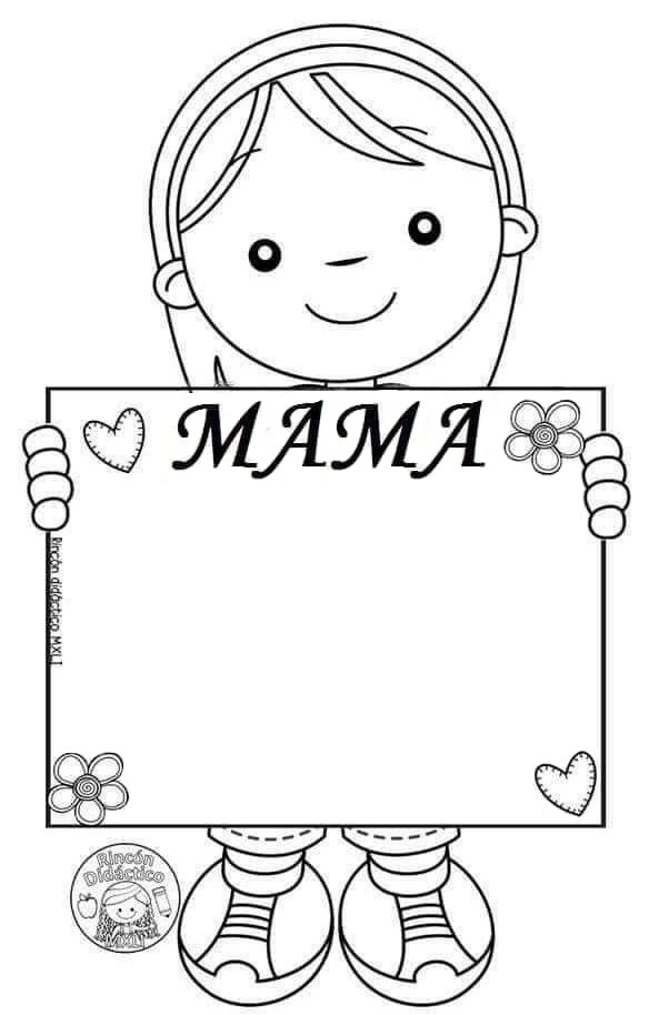 Desenho de uma menina segurando uma placa com a palavra 'Mama', decorada com corações e flores, perfeito para imprimir e colorir no Dia das Mães como atividade educativa.