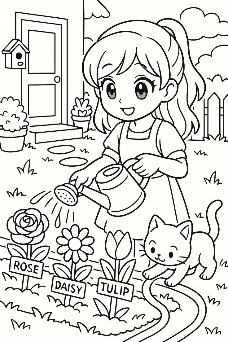 Menina sorridente segurando um regador para molhar rosas, margaridas e tulipas em um jardim, acompanhada por um gatinho curioso ao lado de uma casa.