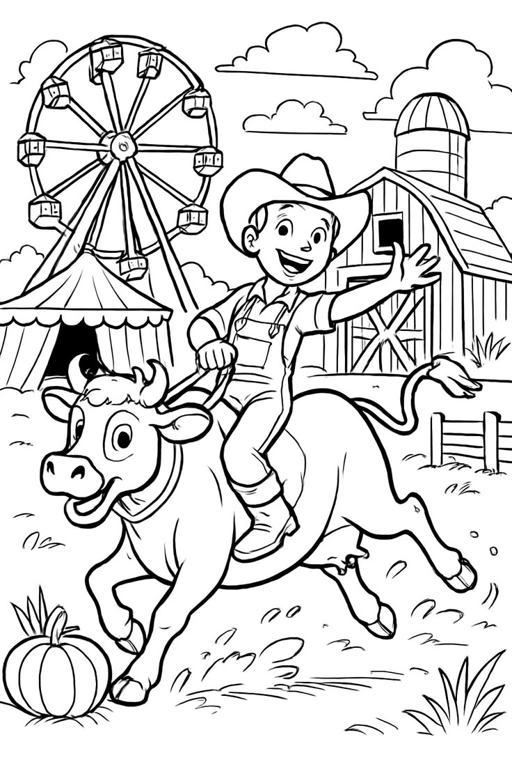 Desenho de um menino vestido de cowboy montado em uma vaquinha feliz em frente a um celeiro e uma roda-gigante ao fundo.