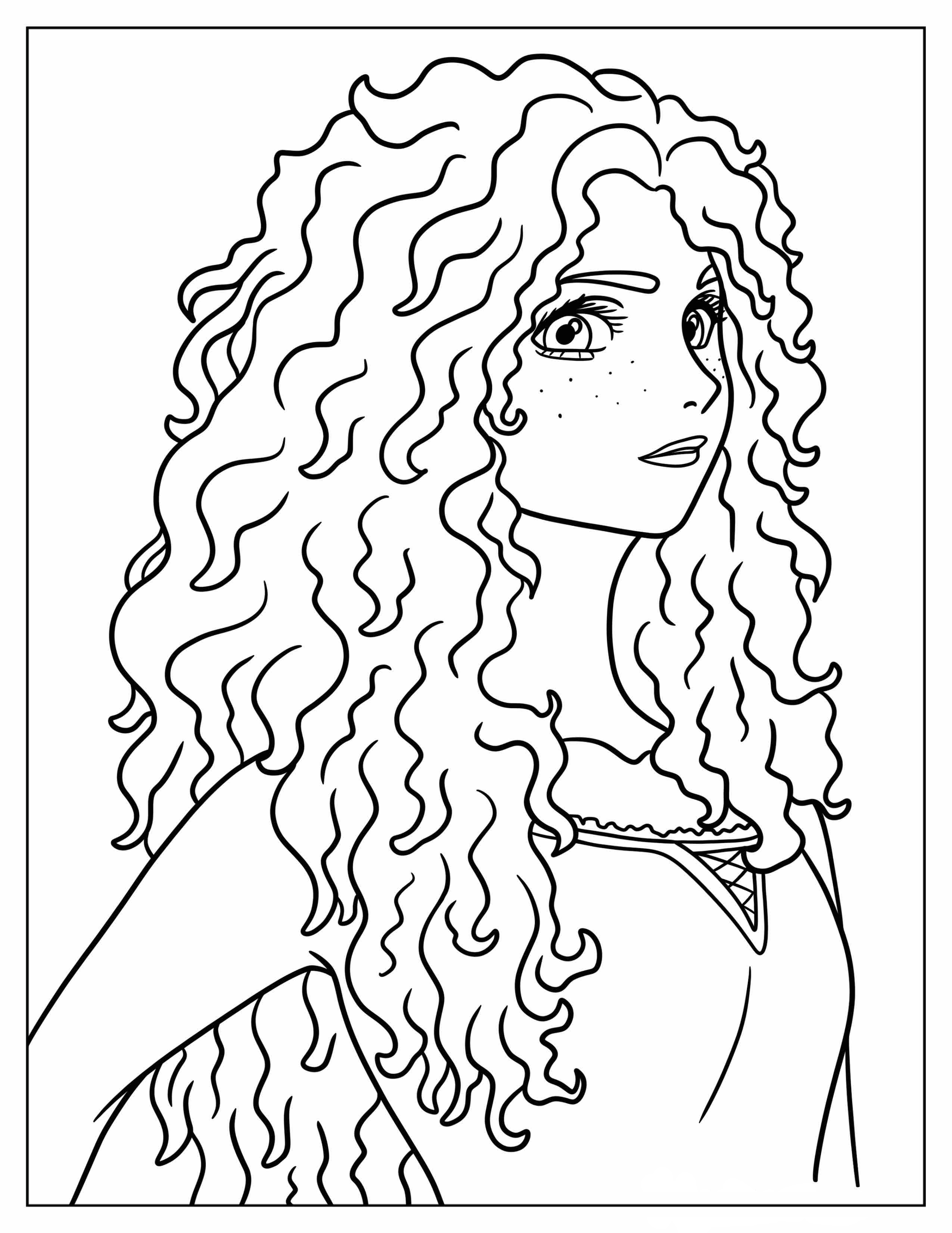 Ilustração em preto e branco da princesa Merida do filme Valente com seus longos cabelos cacheados e olhar determinado.