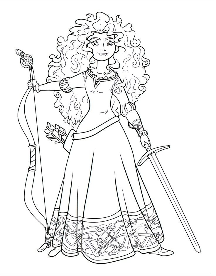 Ilustração de contorno da Princesa Merida, com cabelos volumosos e cacheados, segurando um arco e uma espada, pronta para uma aventura.
