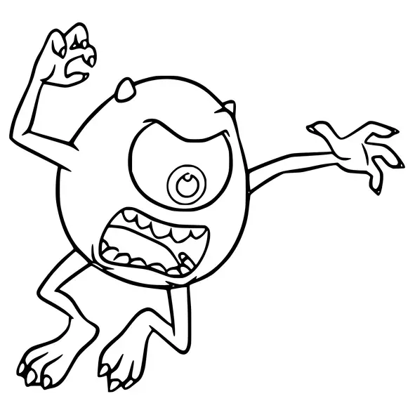 Desenho do Mike de Monstros S.A. com um olho só, corpo redondo e cara de bravo para imprimir e colorir.