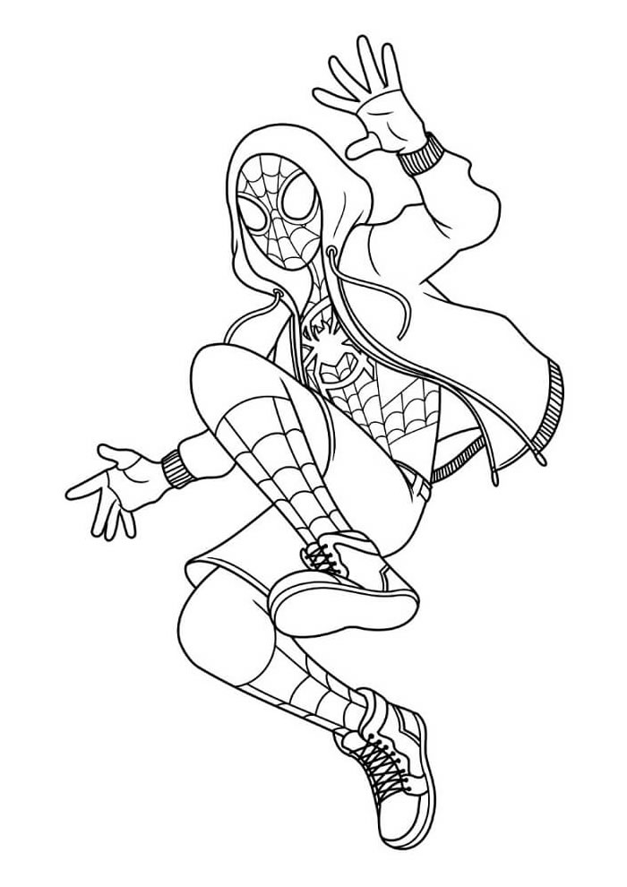 Desenho do Miles Morales, o Homem-Aranha, salvando a cidade pronto para colorir e imprimir. Atividade com traços fácil e bonito perfeito para crianças de todas as idades.