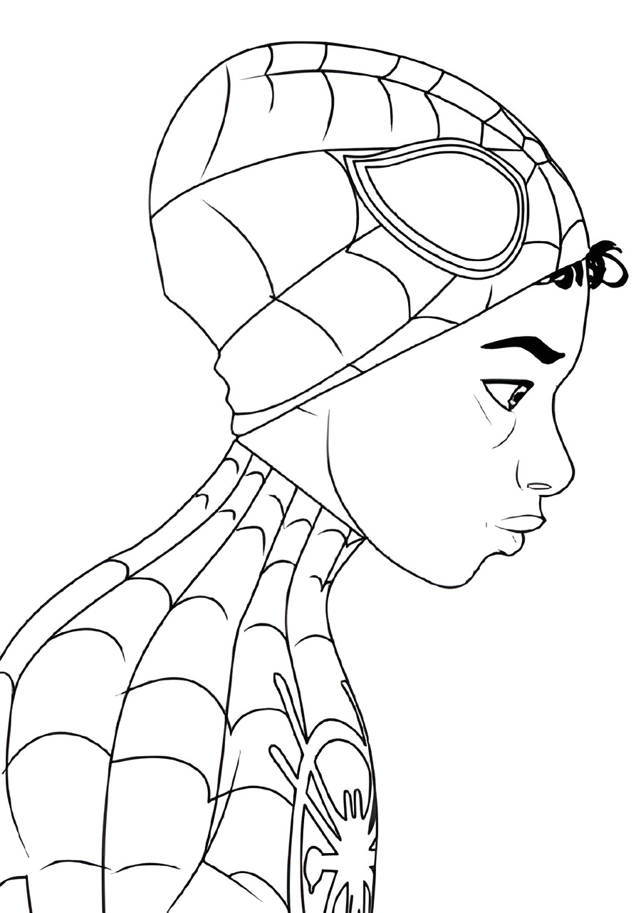 Desenho do Miles Morales, o Homem-Aranha, com máscara de teia e traje de super-herói para colorir e imprimir.