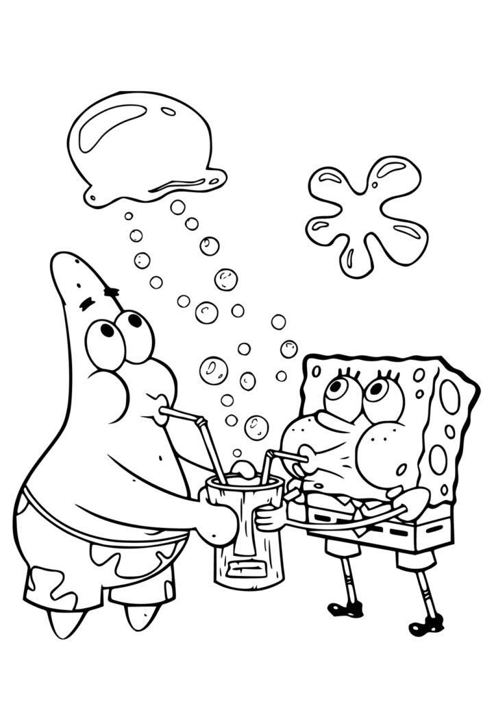 Desenho do Bob Esponja e Patrick bebendo milkshake para colorir e imprimir.