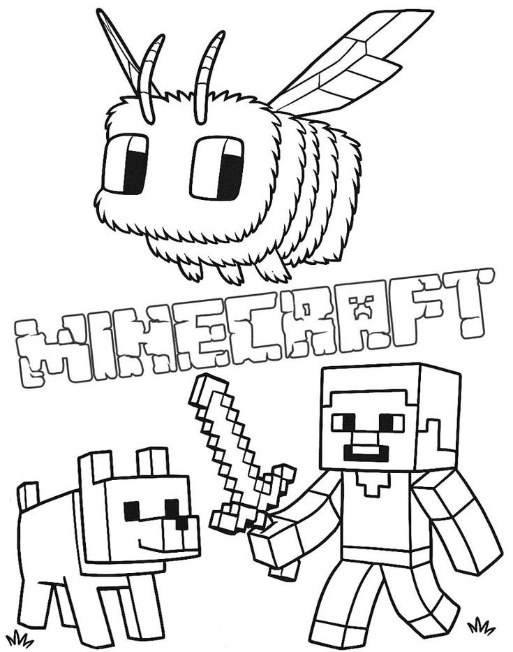 Desenho do Minecraft com Steve, abelha, cachorro e espada para imprimir e colorir.