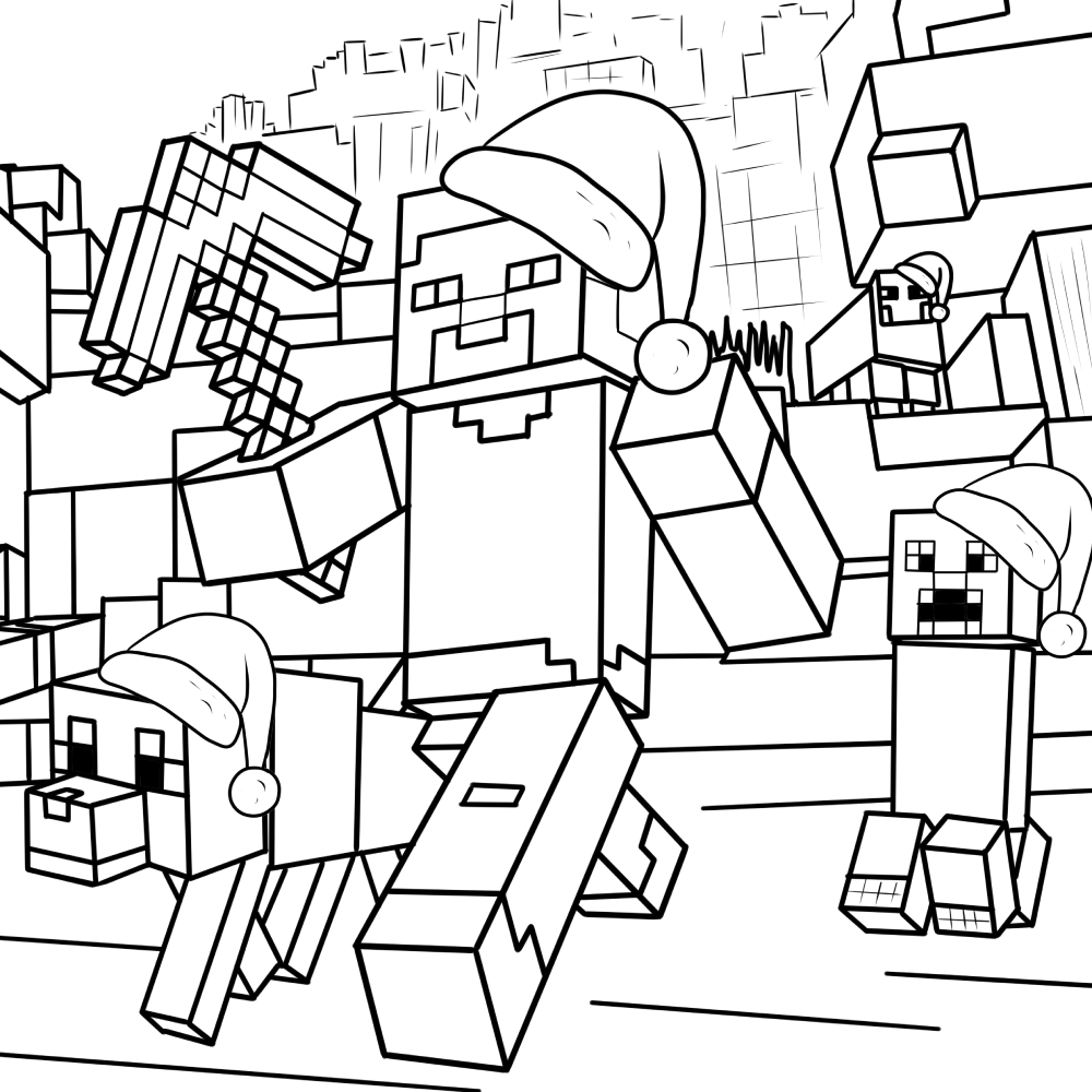 Desenho de Natal do Minecraft com Steve, Creeper e cachorro usando gorros de Papai Noel para colorir e imprimir.