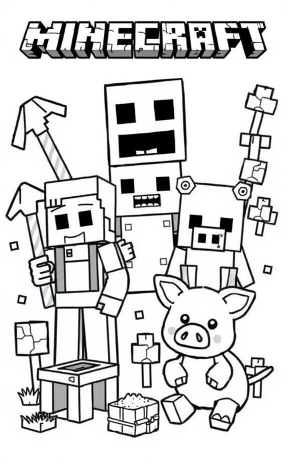 Desenho do Minecraft com Steve, esqueleto, porcos, mesa de trabalho, blocos e grama para colorir e imprimir.