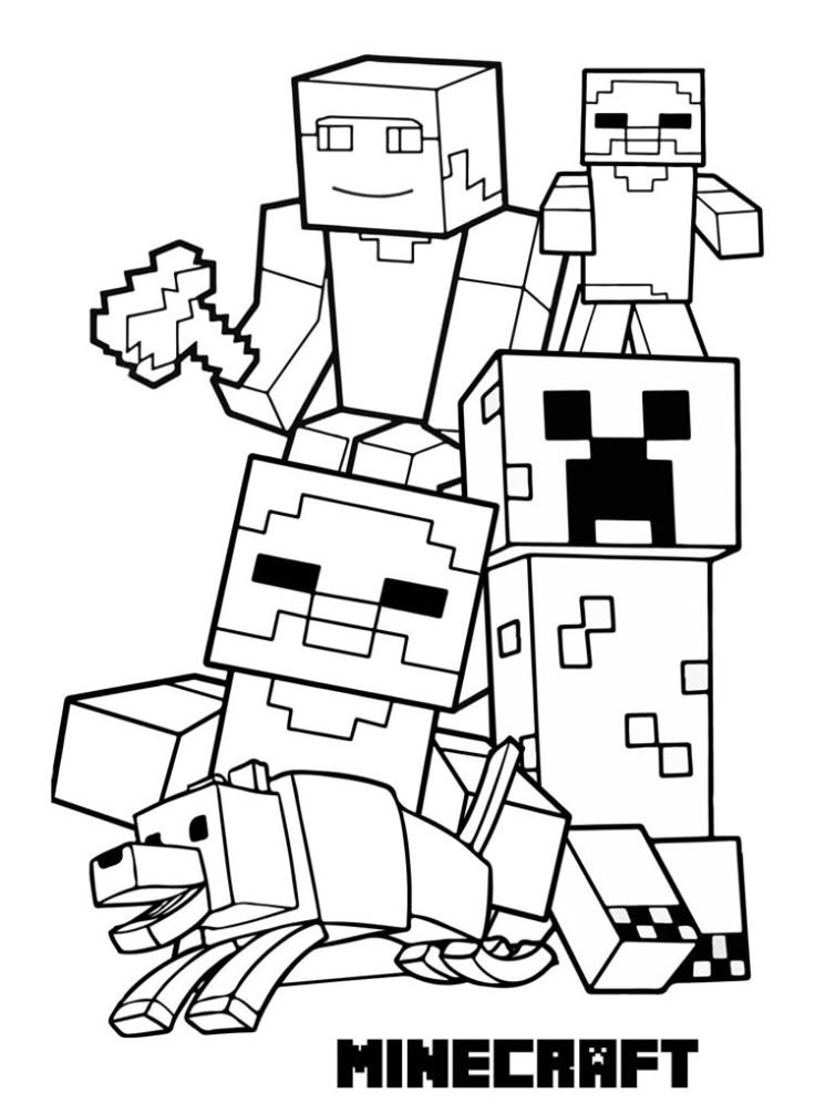 Desenho de personagens do jogo Minecraft, como Steve, Creeper, Zombie e lobo para colorir e imprimir.
