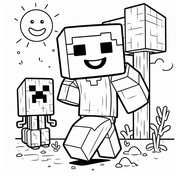 Desenho do jogo Minecraft com Steve sorrindo, Creeper, sol, árvore de blocos e pedras para colorir e imprimir com gráficos infantilizados.