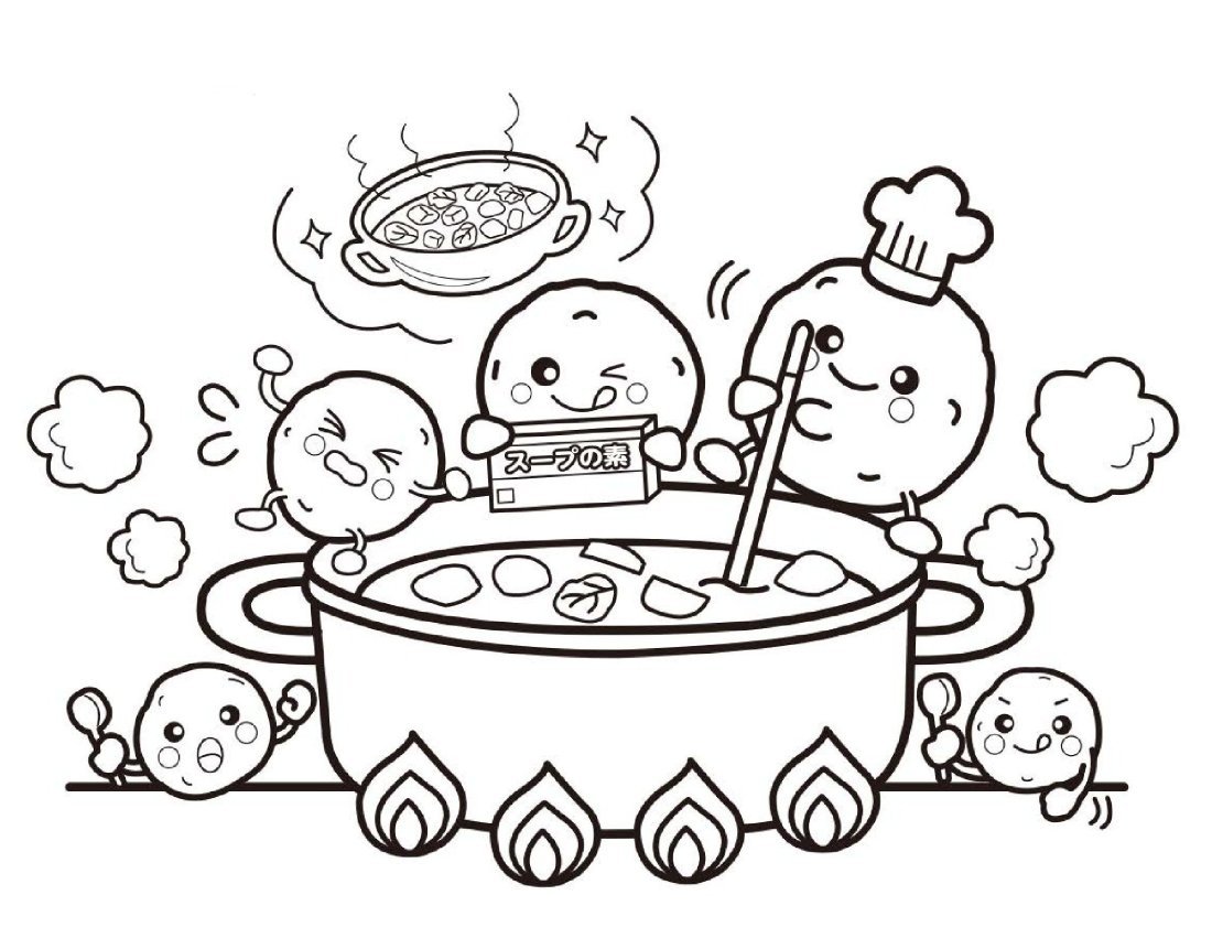 Desenho de almôndegas kawaii cozinhando em equipe com expressões faciais, panela fumegante e estilo cartoon para colorir.