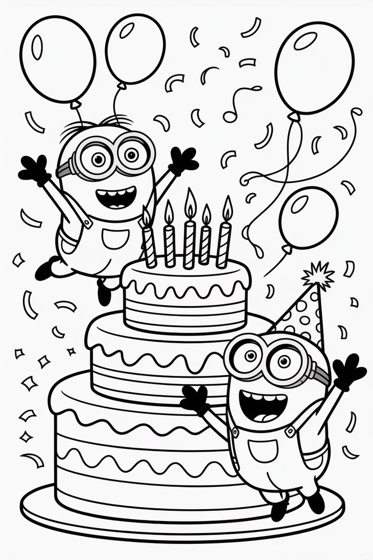 Dois Minions em uma festa de aniversário, um saltando com balões e outro com chapéu de festa ao lado de um bolo de três andares com velas.