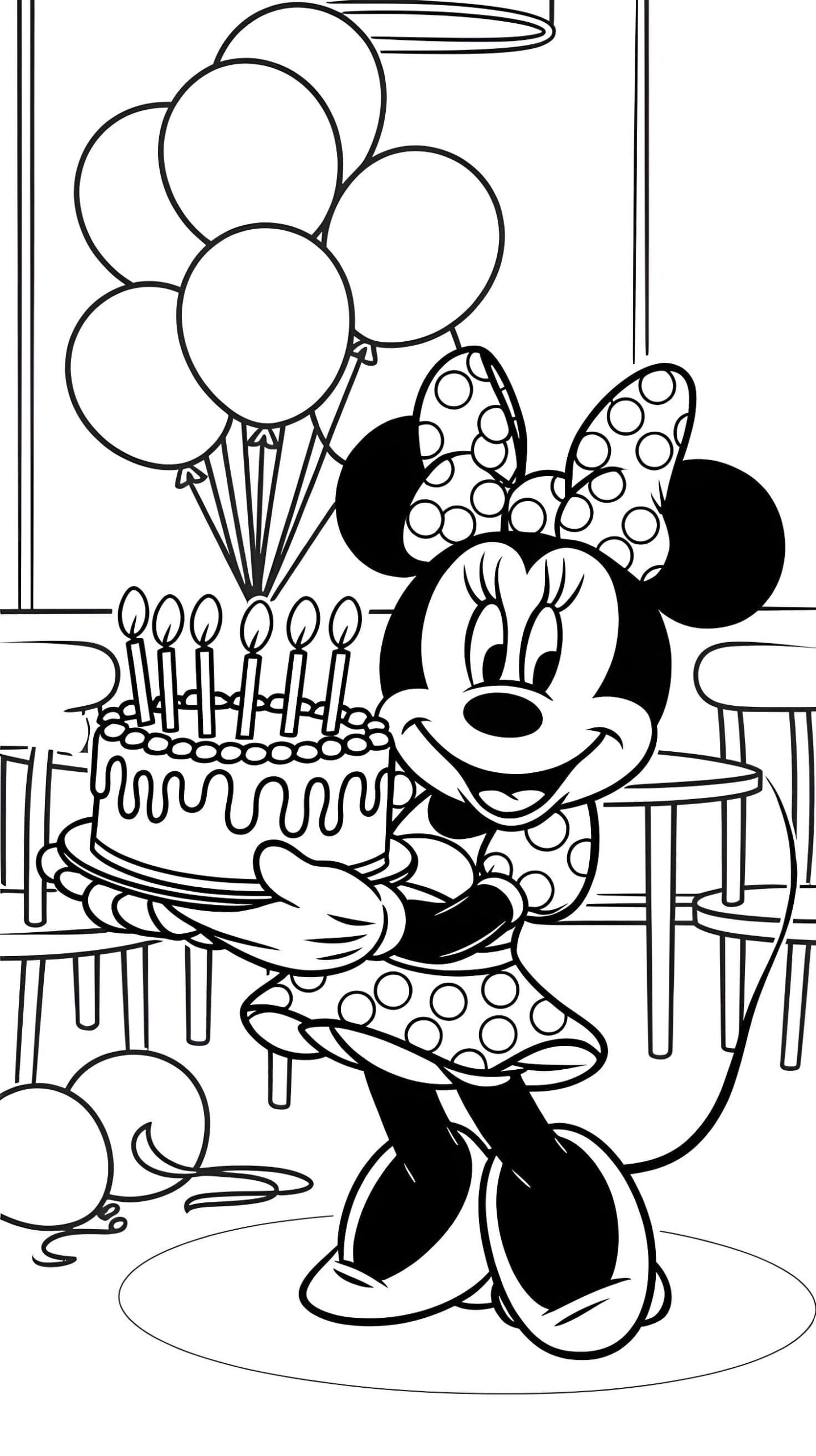 Minnie Mouse sorridente segurando um bolo de aniversário com velas, cercada por balões de festa, pronta para ser colorida.