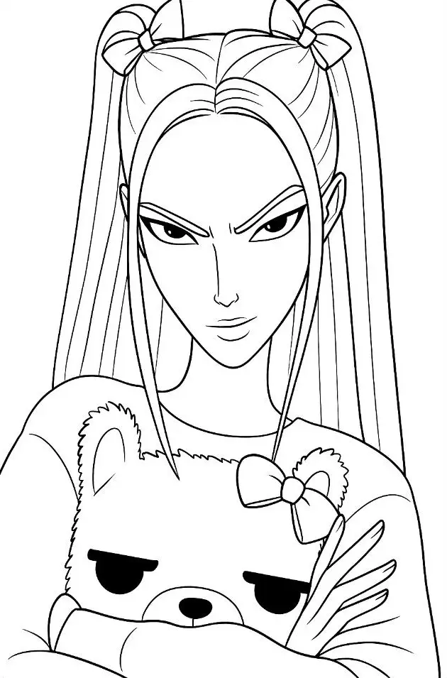 Desenho de linha de uma menina estilo K-pop chamada Mira, com cabelo em duas marias-chiquinhas com laços, expressão determinada, abraçada a um ursinho de pelúcia com laço.