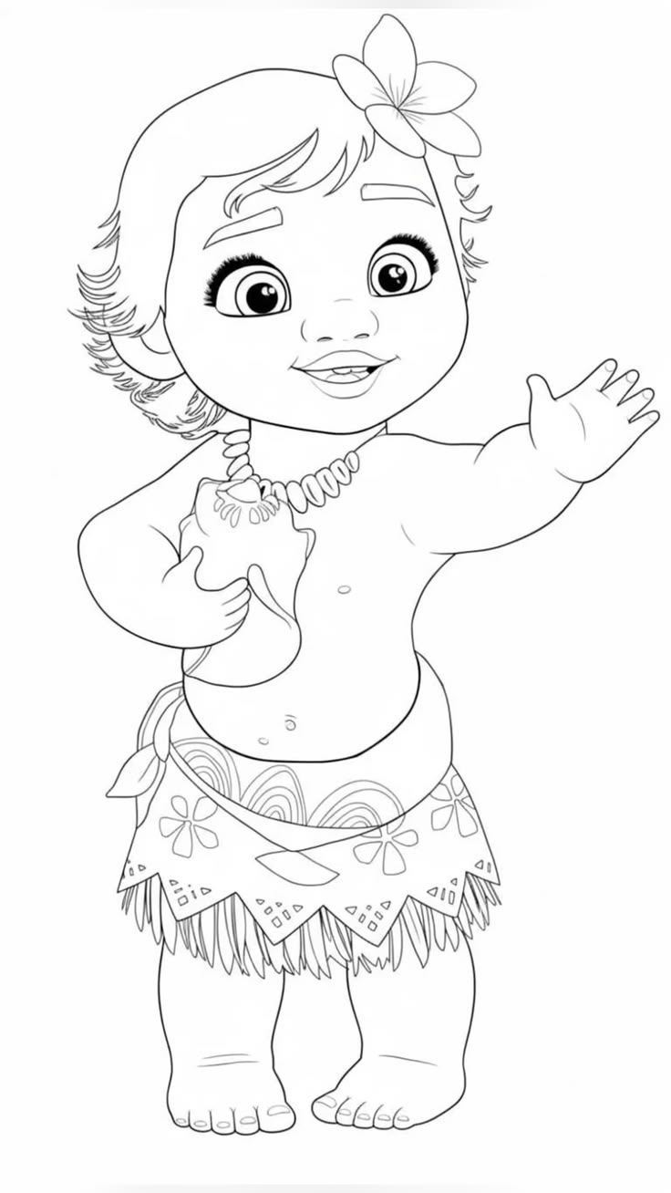 Desenho para colorir da Moana bebê segurando uma concha e acenando, usando seu traje de praia tradicional com uma flor no cabelo.