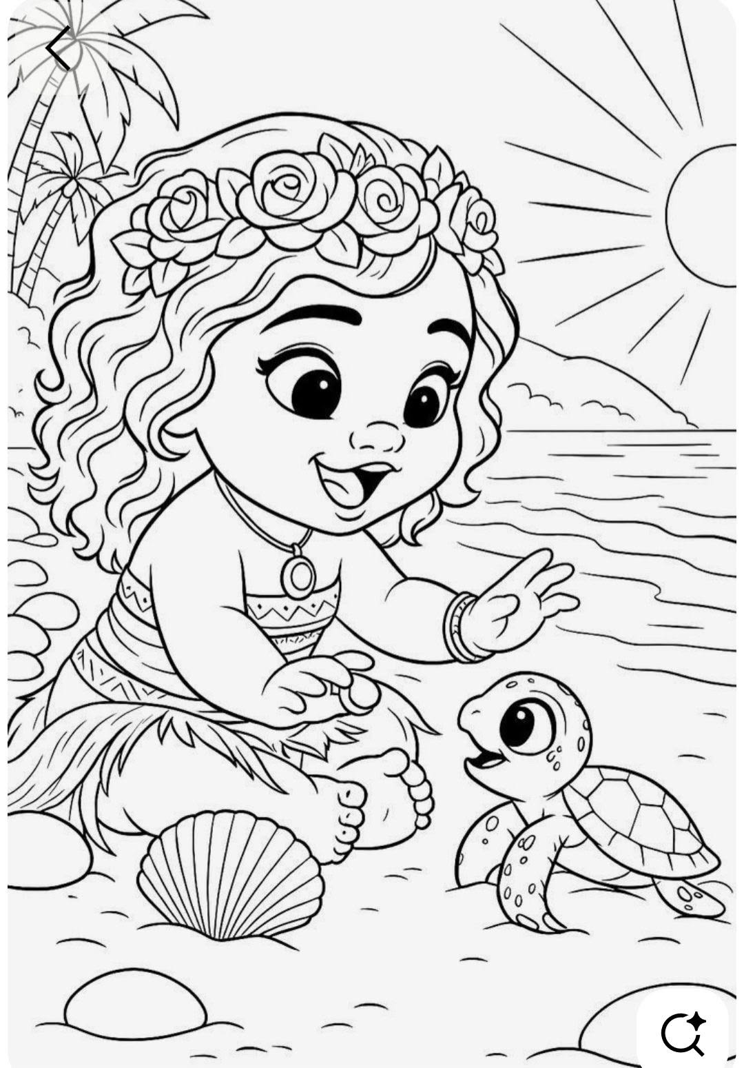 Desenho para colorir mostrando a bebê Moana sentada na areia da praia, usando um colar e coroa de flores, interagindo com uma pequena tartaruga marinha sob o sol.