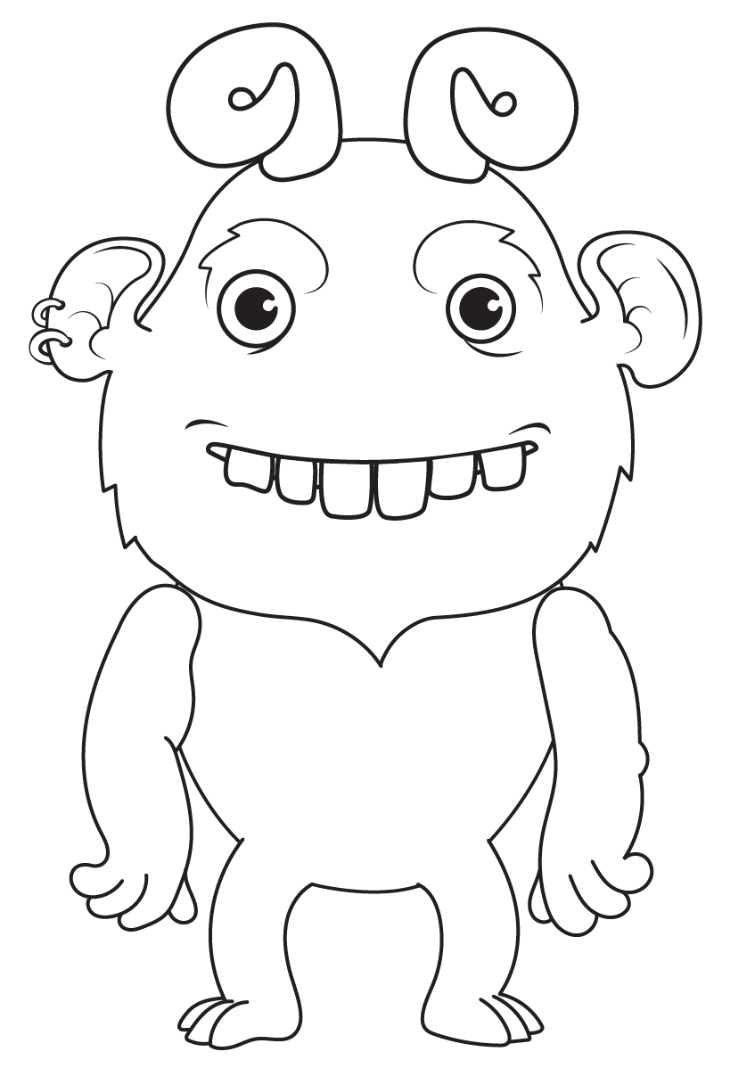 Desenho de um monstrinho peludo com grandes orelhas, chifres em espiral e dentes quadrados para colorir.