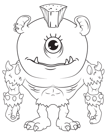 Ilustração de um monstrinho de um olho só, com dentes grandes, bracelete de espinhos e garras, ideal para atividades de colorir.