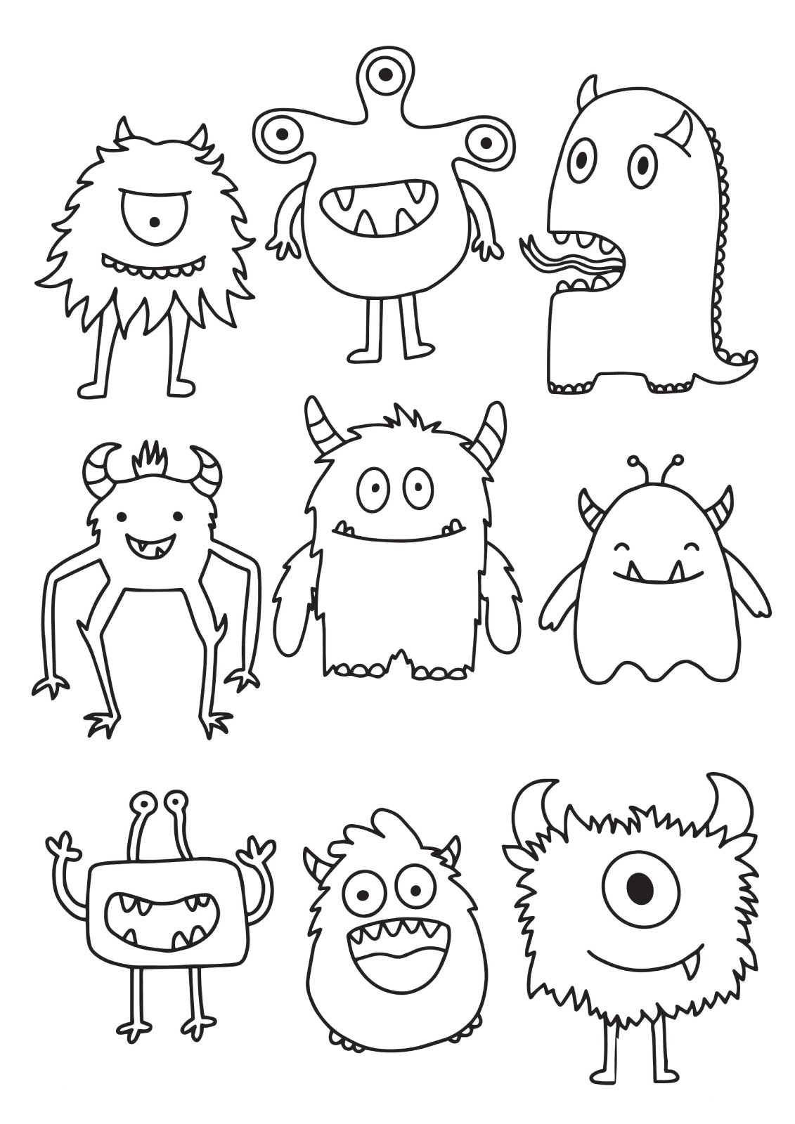 Desenho de família de monstrinhos super divertidas com pelos, chifres e muitos olhos para imprimir e colorir.