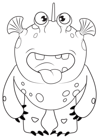 Desenho de um monstro cartoon amigável com corpo arredondado, manchas circulares e língua para fora para colorir.