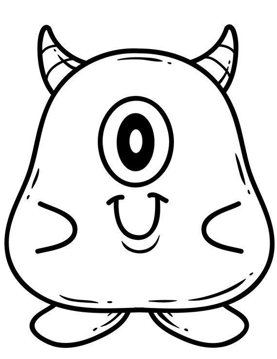 Desenho de um monstrinho sorridente com um olho só, corpo redondo e chifres para colorir.